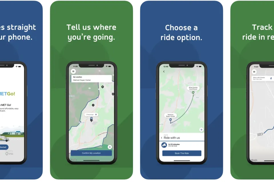A collection of screengrabs showing the uses of the Met-Go on-demand transit app.